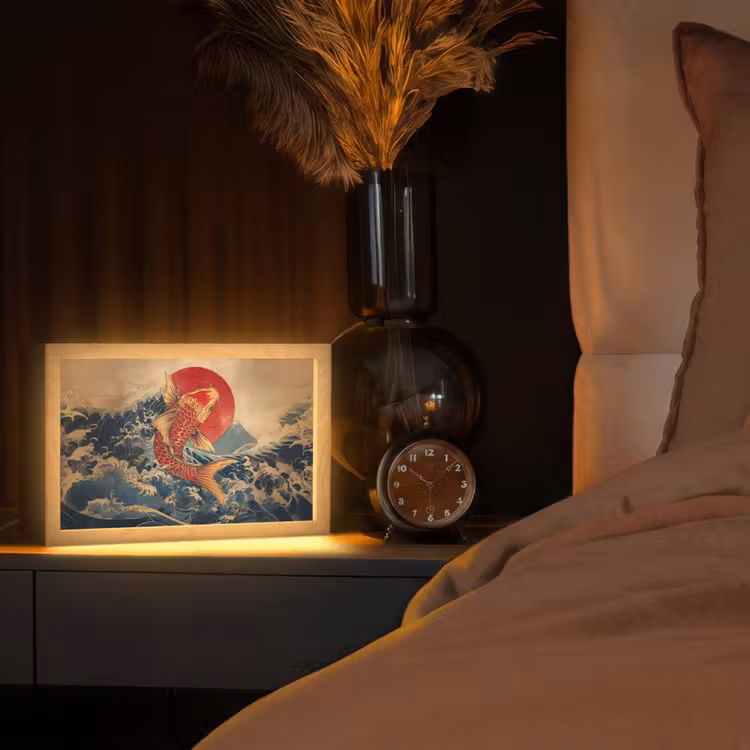 Koi - Zee - Golven - Zon Light Box met kabel (Tafellamp) klein -sfeer1