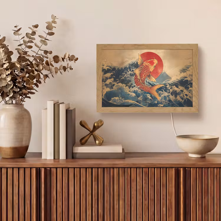 Koi - Zee - Golven - Zon Light Box met kabel (Tafellamp) klein -sfeer2