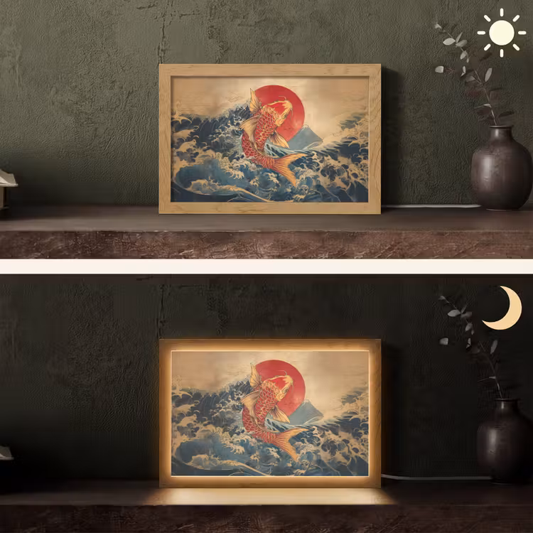 Koi - Zee - Golven - Zon Light Box met kabel (Tafellamp) klein -sfeer3