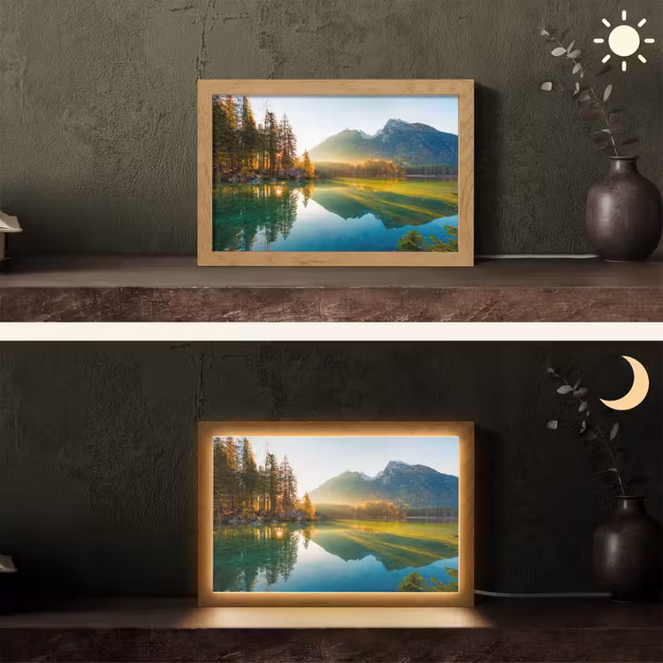 Meer - Bos - Bergen - Natuur - Zon - Landschap Light Box met kabel (Tafellamp) klein -sfeer3