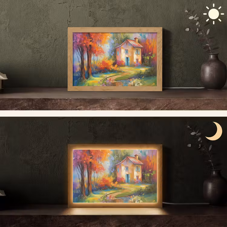 Landschap - Kleurrijk - Olieverf - Kunst Light Box met kabel (Tafellamp) klein -sfeer3