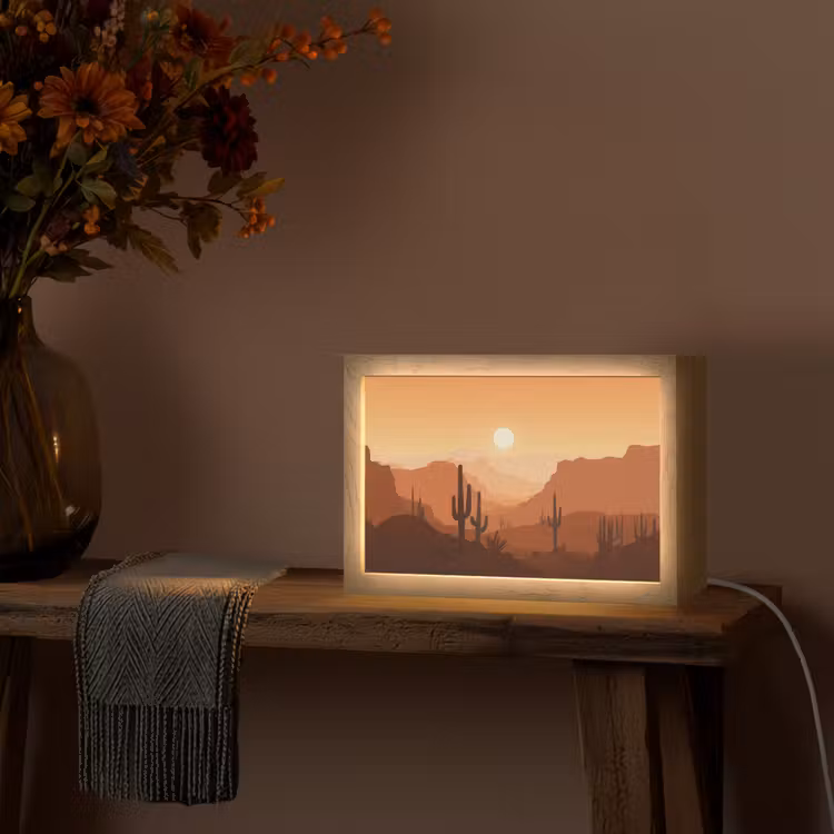 Landschap - Woestijn - Cactussen - Zon Light Box met kabel (Tafellamp) klein -sfeer4
