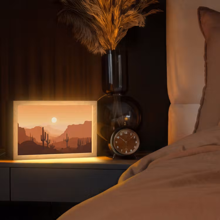 Landschap - Woestijn - Cactussen - Zon Light Box met kabel (Tafellamp) klein -sfeer1
