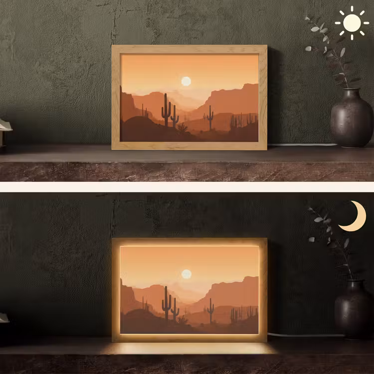 Landschap - Woestijn - Cactussen - Zon Light Box met kabel (Tafellamp) klein -sfeer3