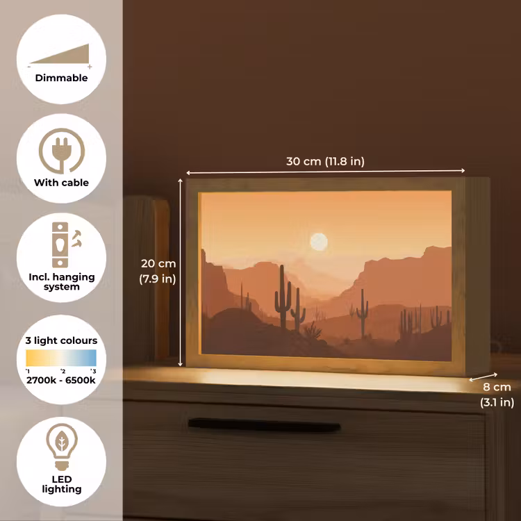 Landschap - Woestijn - Cactussen - Zon Light Box met kabel (Tafellamp) klein -USP_EN
