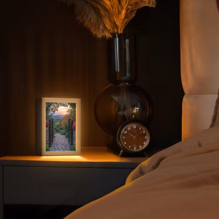 Landschap - Hek - Pad - Zonsondergang - Natuur Light Box met kabel (Tafellamp) klein -sfeer1