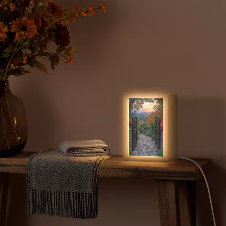 Landschap - Hek - Pad - Zonsondergang - Natuur Light Box met kabel (Tafellamp) klein -sfeer4