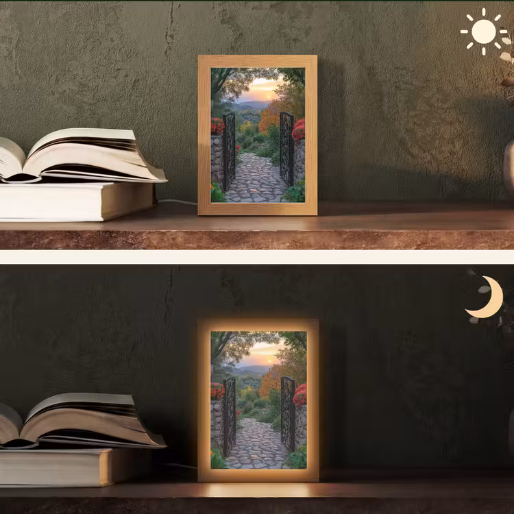 Landschap - Hek - Pad - Zonsondergang - Natuur Light Box met kabel (Tafellamp) klein -sfeer3