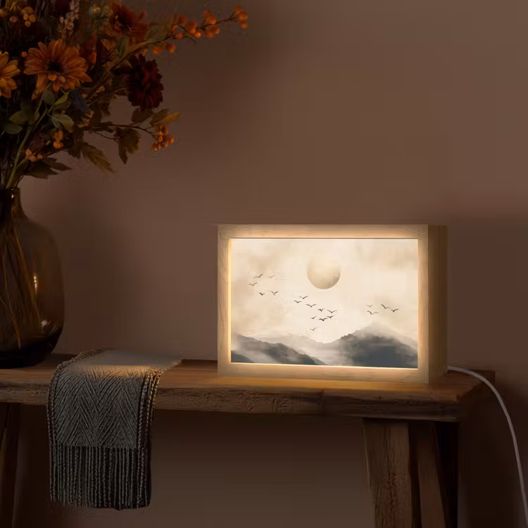 Landschap - Japandi - vogel Light Box met kabel (Tafellamp) klein -sfeer4