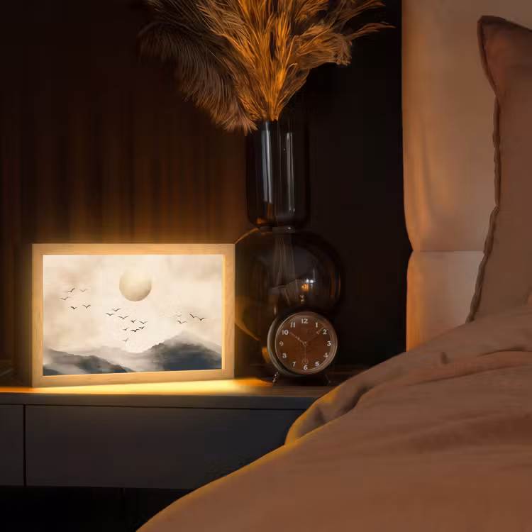 Landschap - Japandi - vogel Light Box met kabel (Tafellamp) klein -sfeer1