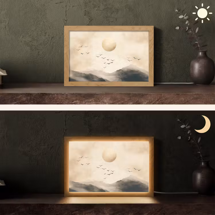 Landschap - Japandi - vogel Light Box met kabel (Tafellamp) klein -sfeer3