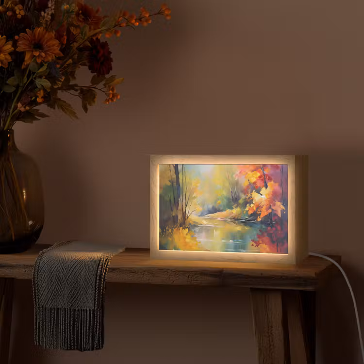 Landschap - Olieverf - Rivier - Kleurrijk Light Box met kabel (Tafellamp) klein -sfeer4