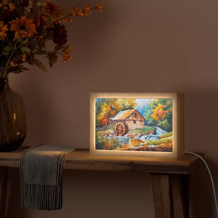 Landschap - Schilderij - Huis - Kunst - Herfst Light Box met kabel (Tafellamp) klein -sfeer4