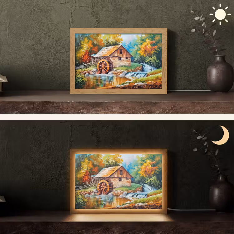 Landschap - Schilderij - Huis - Kunst - Herfst Light Box met kabel (Tafellamp) klein -sfeer3