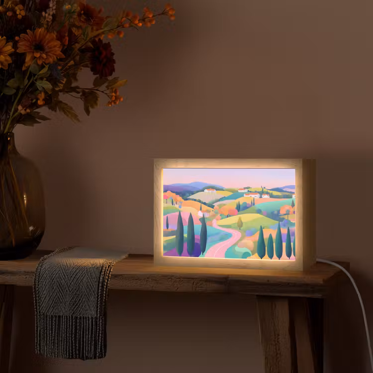 Landschap - Paars - Pastel - Huizen Light Box met kabel (Tafellamp) klein -sfeer4