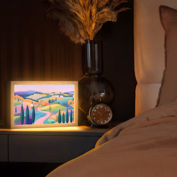 Landschap - Paars - Pastel - Huizen Light Box met kabel (Tafellamp) klein -sfeer1