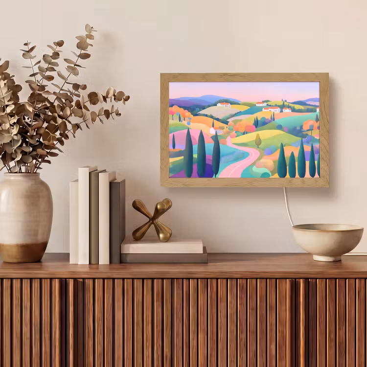 Landschap - Paars - Pastel - Huizen Light Box met kabel (Tafellamp) klein -sfeer2