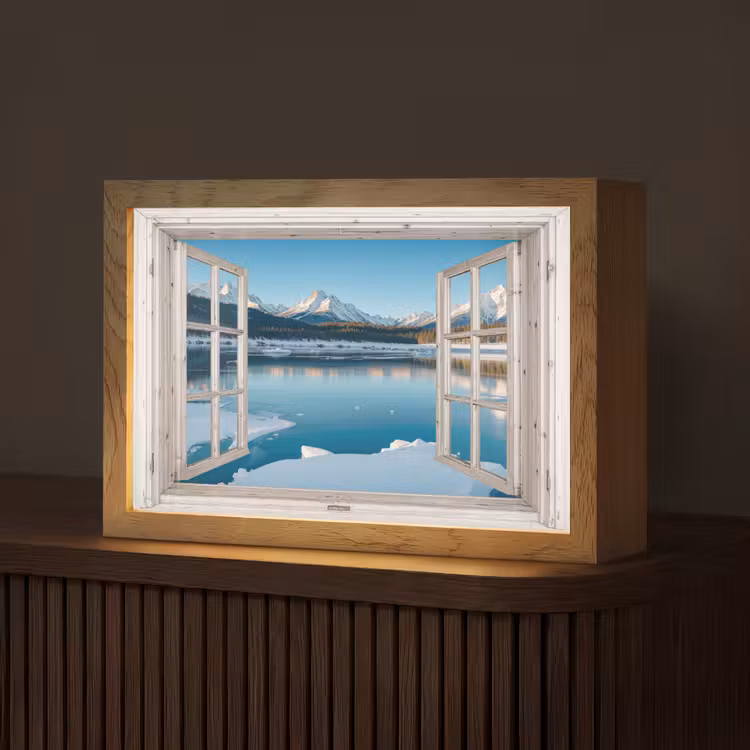 Landschap - Winter - Meer - Bergen - Uitzicht - Doorkijk - Licht Light Box met kabel (Tafellamp) klein -z3d_website