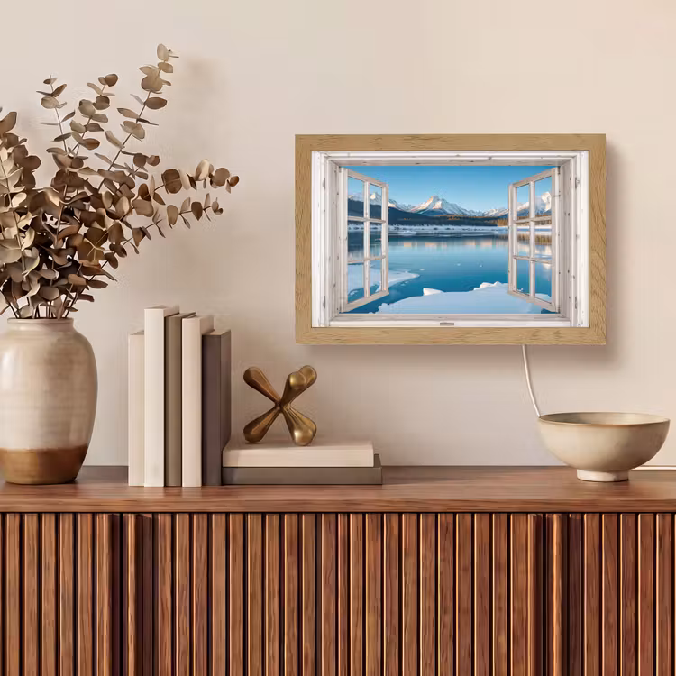 Landschap - Winter - Meer - Bergen - Uitzicht - Doorkijk - Licht Light Box met kabel (Tafellamp) klein -sfeer2