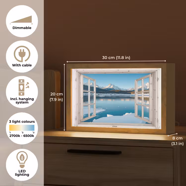 Landschap - Winter - Meer - Bergen - Uitzicht - Doorkijk - Licht Light Box met kabel (Tafellamp) klein -USP_EN
