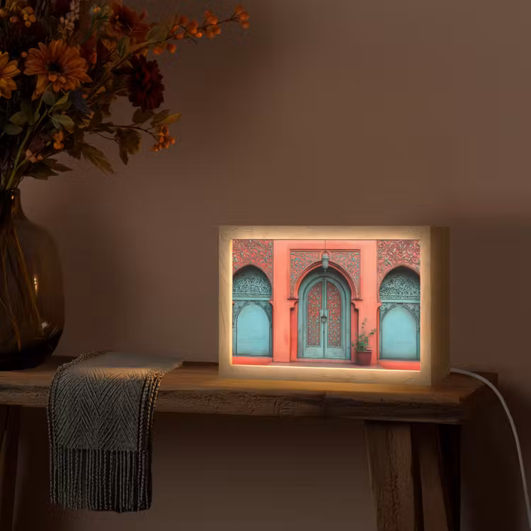 Lantaarn - Deur - Turquoise Light Box met kabel (Tafellamp) klein -sfeer4