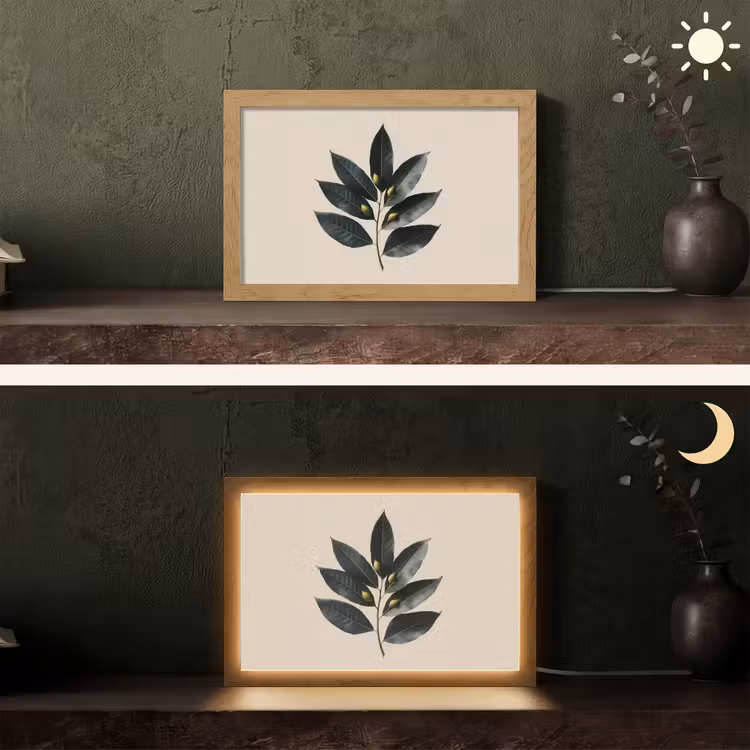 Laurierbladeren - Bloemknoppen - subtiel Light Box met kabel (Tafellamp) klein -sfeer3