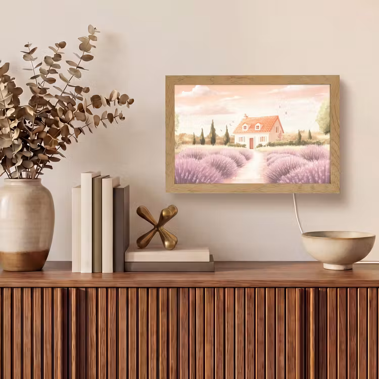 Lavendelveld - Huis - Paars Light Box met kabel (Tafellamp) klein -sfeer2
