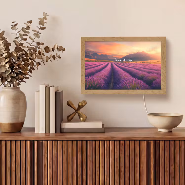 Lavendelveld - Quote - Zonsondergang Light Box met kabel (Tafellamp) klein -sfeer2