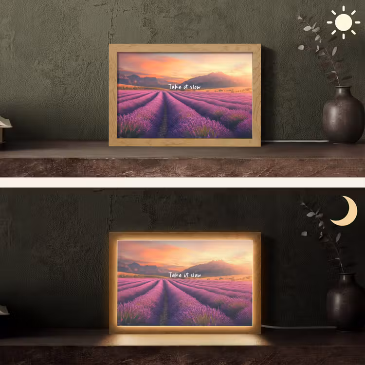 Lavendelveld - Quote - Zonsondergang Light Box met kabel (Tafellamp) klein -sfeer3