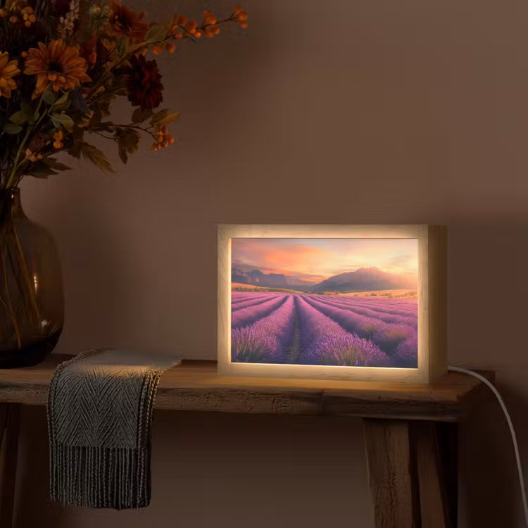Lavendelveld - Zonsondergang - Paars Light Box met kabel (Tafellamp) klein -sfeer4