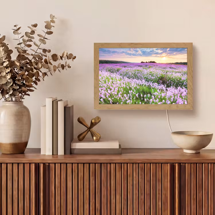 Lavendel - Bloemen - Zonsondergang - Paars - Weide Light Box met kabel (Tafellamp) klein -sfeer2