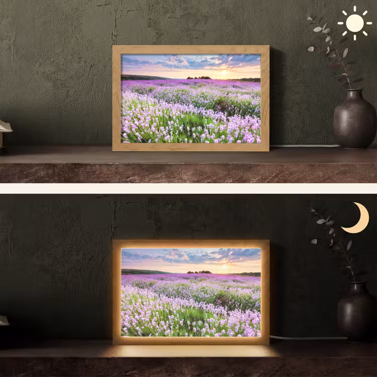 Lavendel - Bloemen - Zonsondergang - Paars - Weide Light Box met kabel (Tafellamp) klein -sfeer3