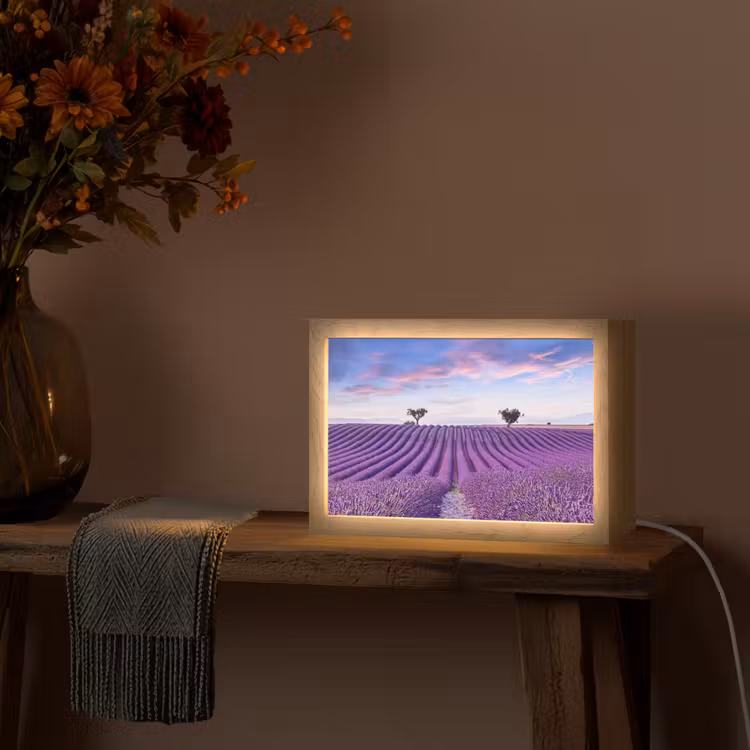 Lavendel - Natuur - Paars - Bomen - Bloemen Light Box met kabel (Tafellamp) klein -sfeer4