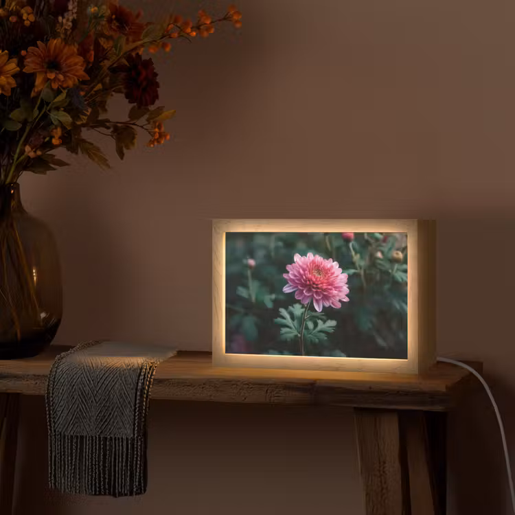 Blad - Chrysant - Roze - Schaduw Light Box met kabel (Tafellamp) klein -sfeer4