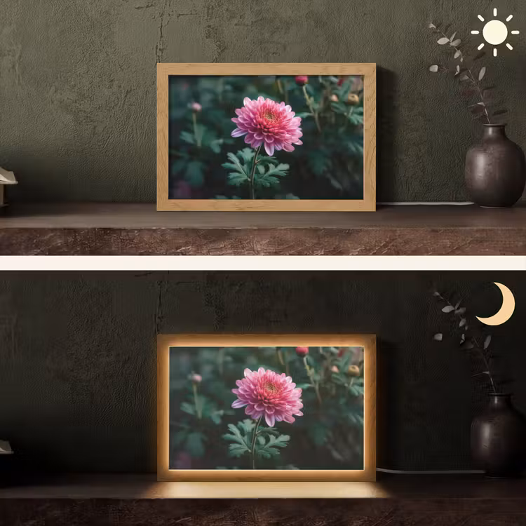 Blad - Chrysant - Roze - Schaduw Light Box met kabel (Tafellamp) klein -sfeer3