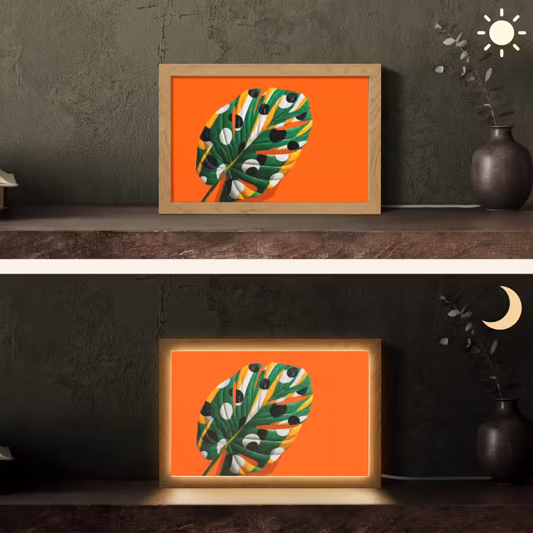 Blad - Oranje - Stippen - Kleurrijk Light Box met kabel (Tafellamp) klein -sfeer3