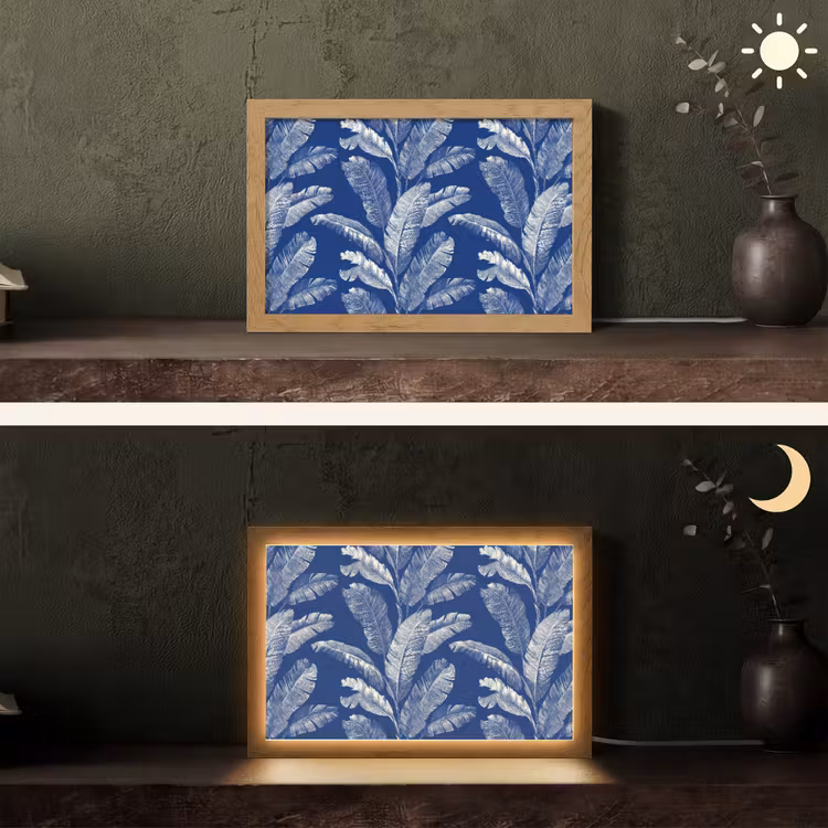 Blad - Palm - Blauw Light Box met kabel (Tafellamp) klein 924 -sfeer3