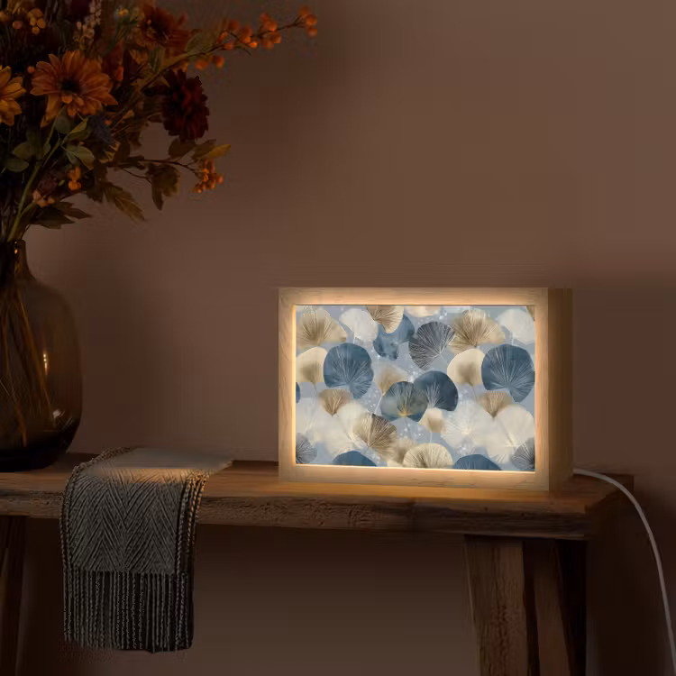 Bladeren - Abstract - Goud - Blauw Light Box met kabel (Tafellamp) klein -sfeer4