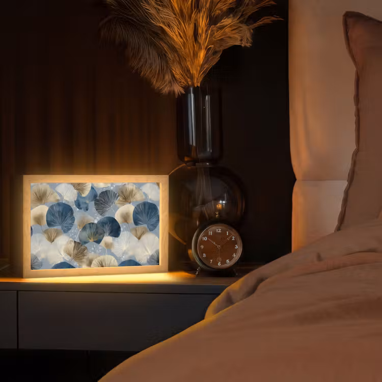 Bladeren - Abstract - Goud - Blauw Light Box met kabel (Tafellamp) klein -sfeer1