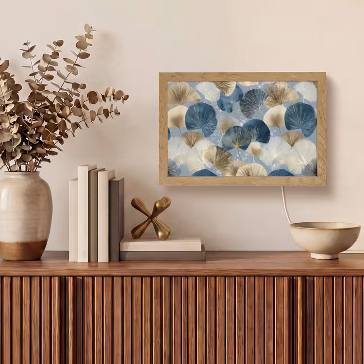 Bladeren - Abstract - Goud - Blauw Light Box met kabel (Tafellamp) klein -sfeer2