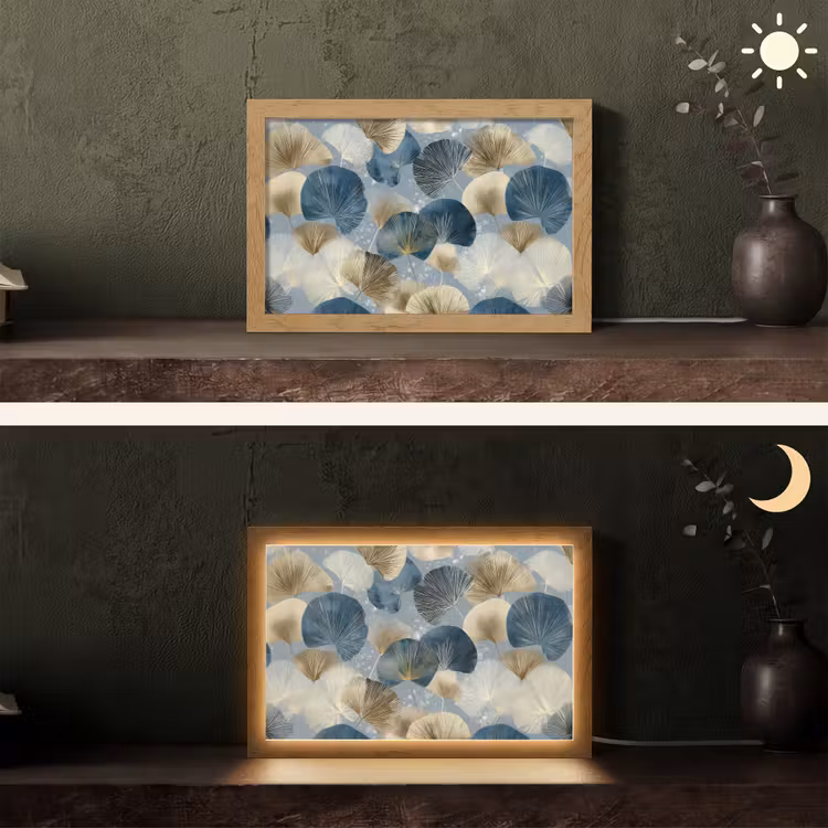 Bladeren - Abstract - Goud - Blauw Light Box met kabel (Tafellamp) klein -sfeer3