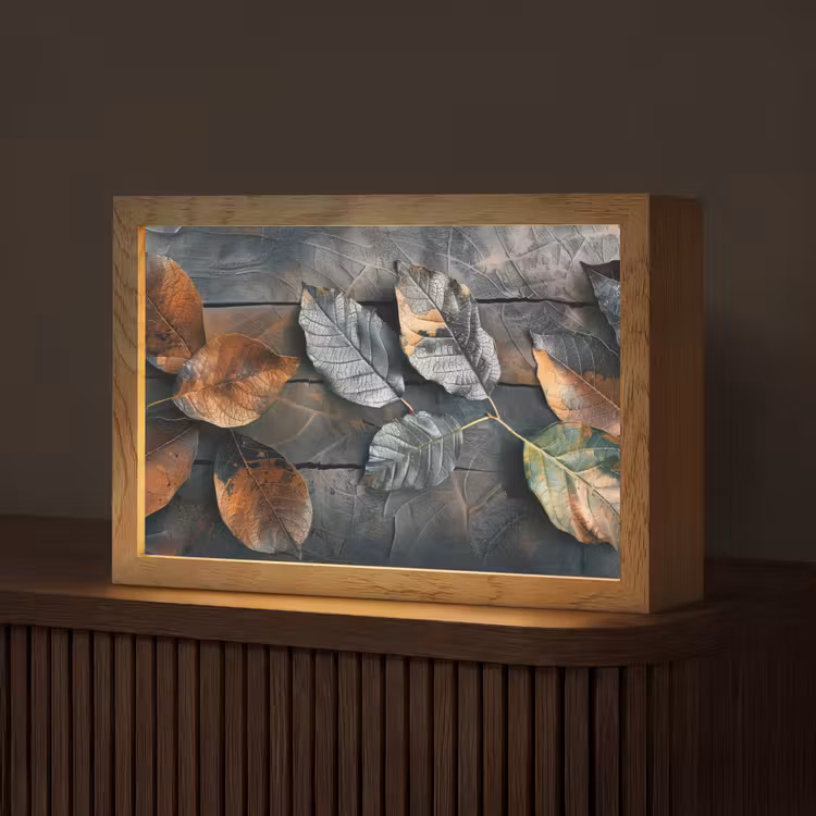 Bladeren - Herfst - Grijs - Natuur Light Box met kabel (Tafellamp) klein -z3d_website
