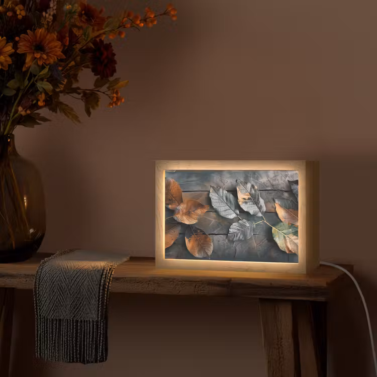Bladeren - Herfst - Grijs - Natuur Light Box met kabel (Tafellamp) klein -sfeer4