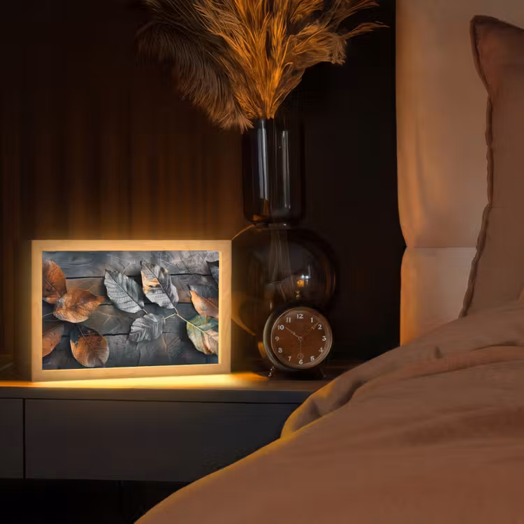 Bladeren - Herfst - Grijs - Natuur Light Box met kabel (Tafellamp) klein -sfeer1