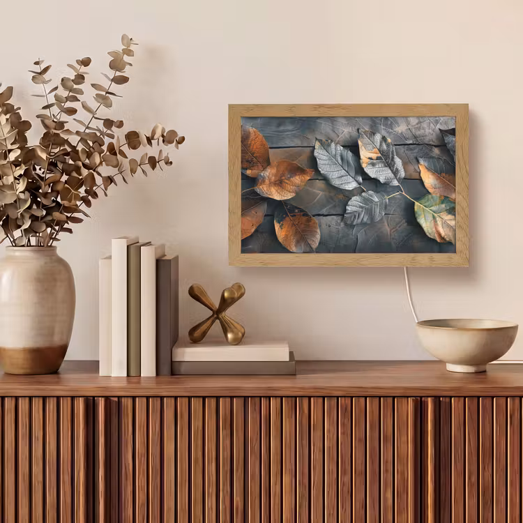 Bladeren - Herfst - Grijs - Natuur Light Box met kabel (Tafellamp) klein -sfeer2
