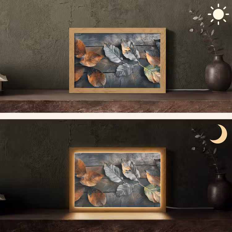 Bladeren - Herfst - Grijs - Natuur Light Box met kabel (Tafellamp) klein -sfeer3