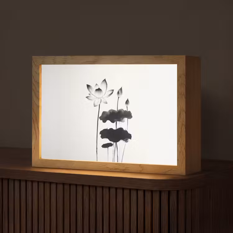 Bladeren - Zwart - Lotusbloem - Minimalitisch Light Box met kabel (Tafellamp) klein -z3d_website