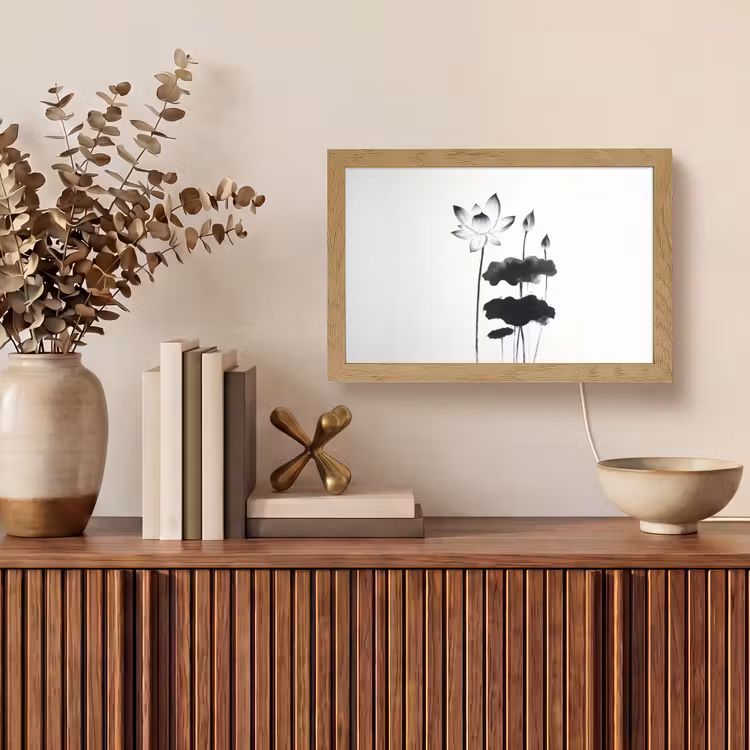 Bladeren - Zwart - Lotusbloem - Minimalitisch Light Box met kabel (Tafellamp) klein -sfeer2
