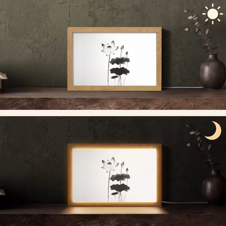 Bladeren - Zwart - Lotusbloem - Minimalitisch Light Box met kabel (Tafellamp) klein -sfeer3