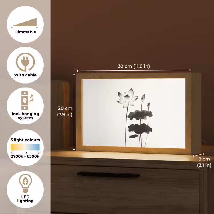Bladeren - Zwart - Lotusbloem - Minimalitisch Light Box met kabel (Tafellamp) klein -USP_EN